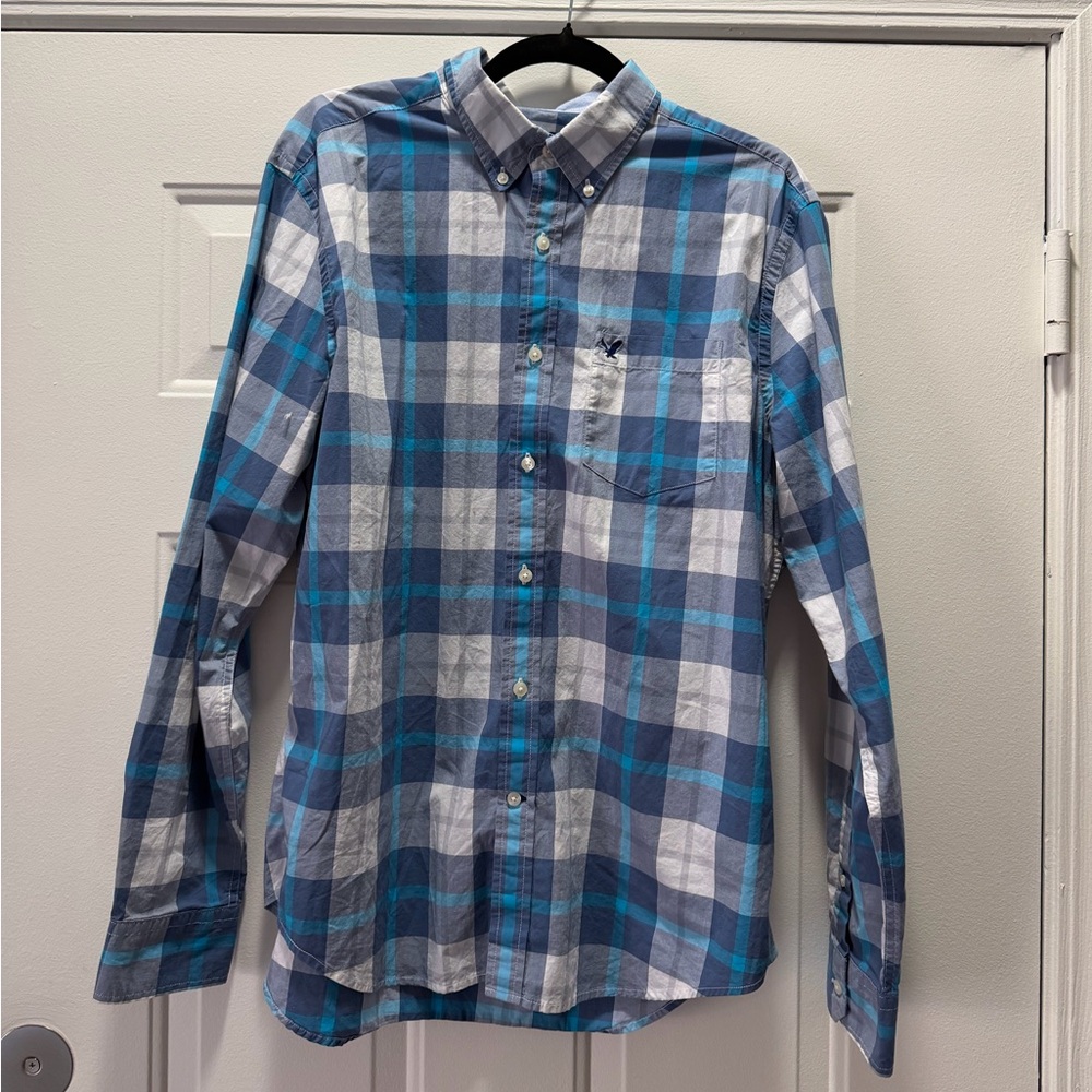 American Eagle Outfitters Blue and Gray Plaid Shirt